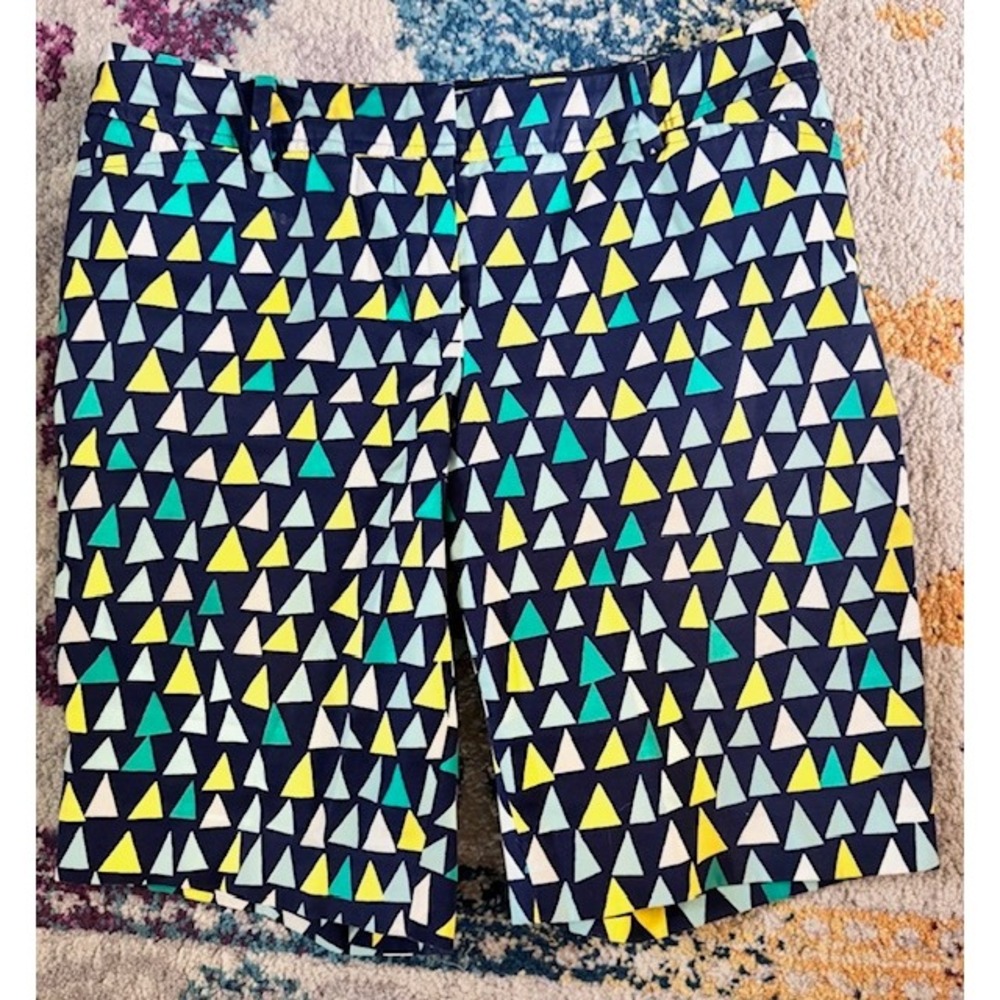 Talbots Perfect Short 2P Navy Blue Yellow Teal Geometric Triangle Print Shorts